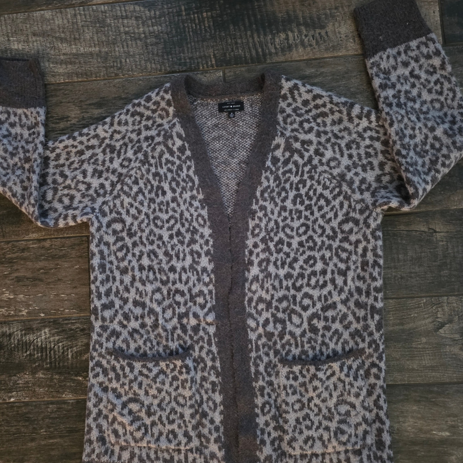 522 Lucky Brand Charcoal Animal Print Cardigan 522 Lucky Brand Charcoal Animal Print Cardigan
